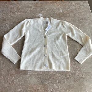 NWT Ann Taylor Loft V Neck Cardigan Sweater Crystal Buttons White Ivory XS